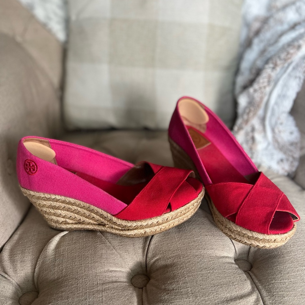 Tory Burch Red and Pink Espadrilles Wedges